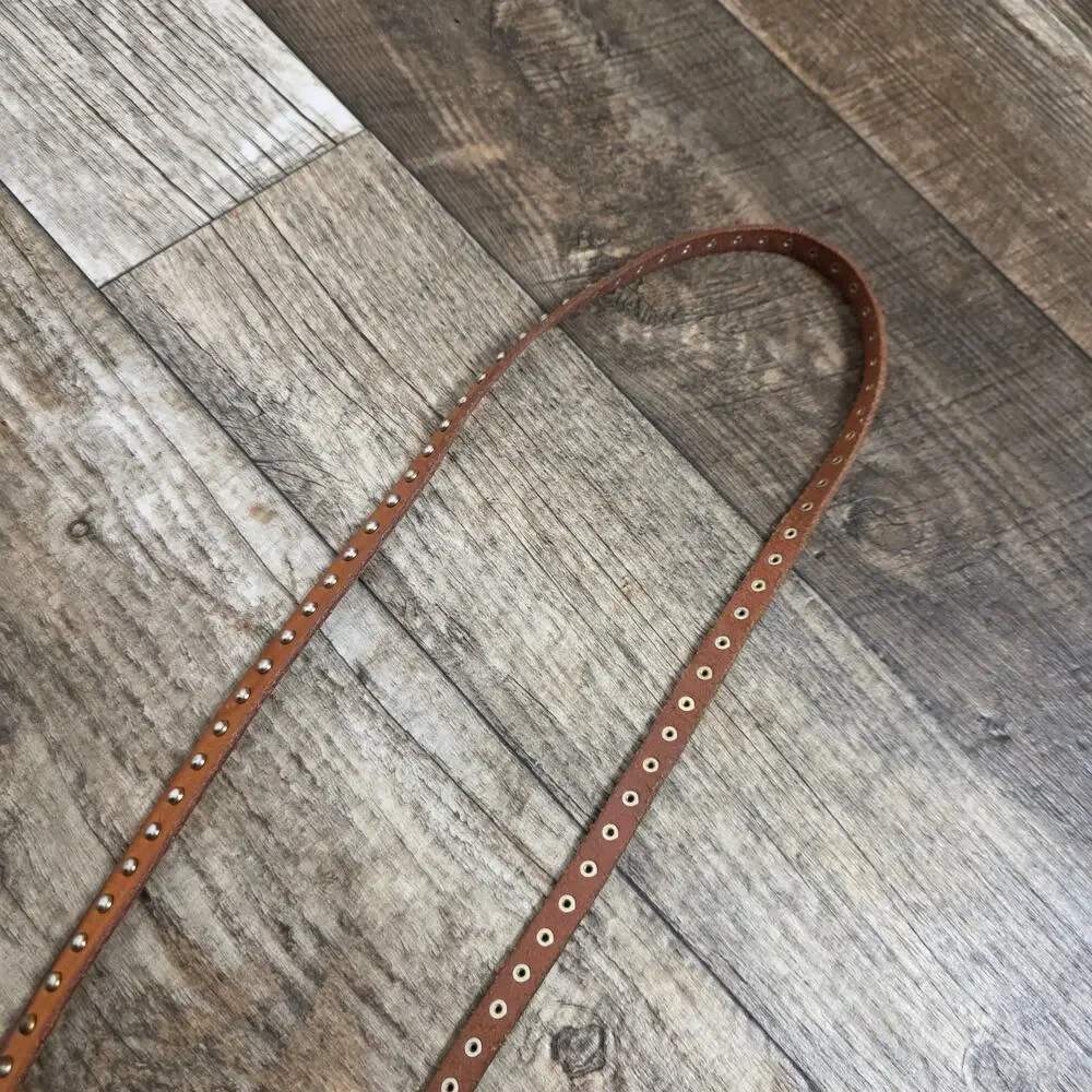 Y2K Brown Studded Leather Skinny Belt Boho Western Festival Distressed Vintage